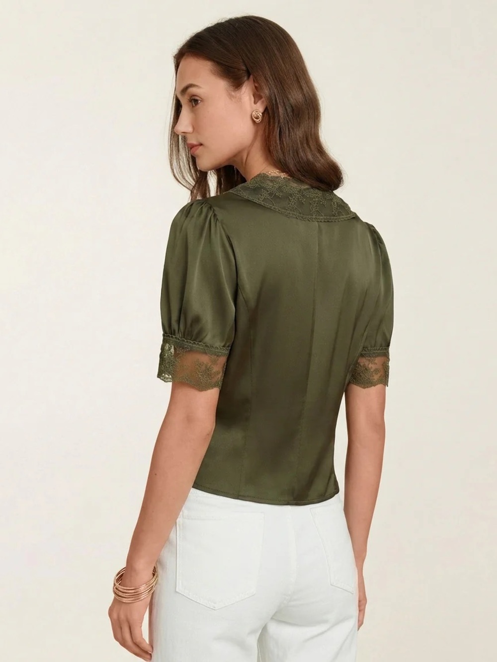 Rihoas Green V Neck Puffed Sleeve Lace Blouse - Picture 5 of 6